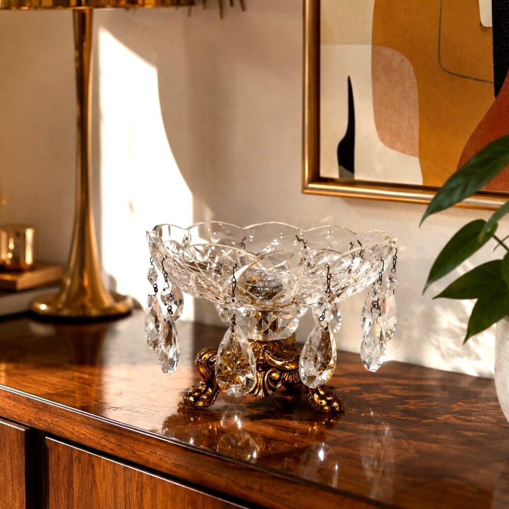 Loevsky & Loevsky crystal compote centerpiece bowl glass prisms gold base 1973